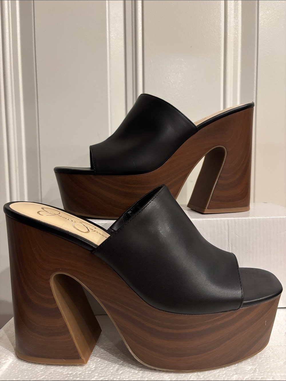 Jessica Simpson Black Platform Slide with Wood-Effect Heel